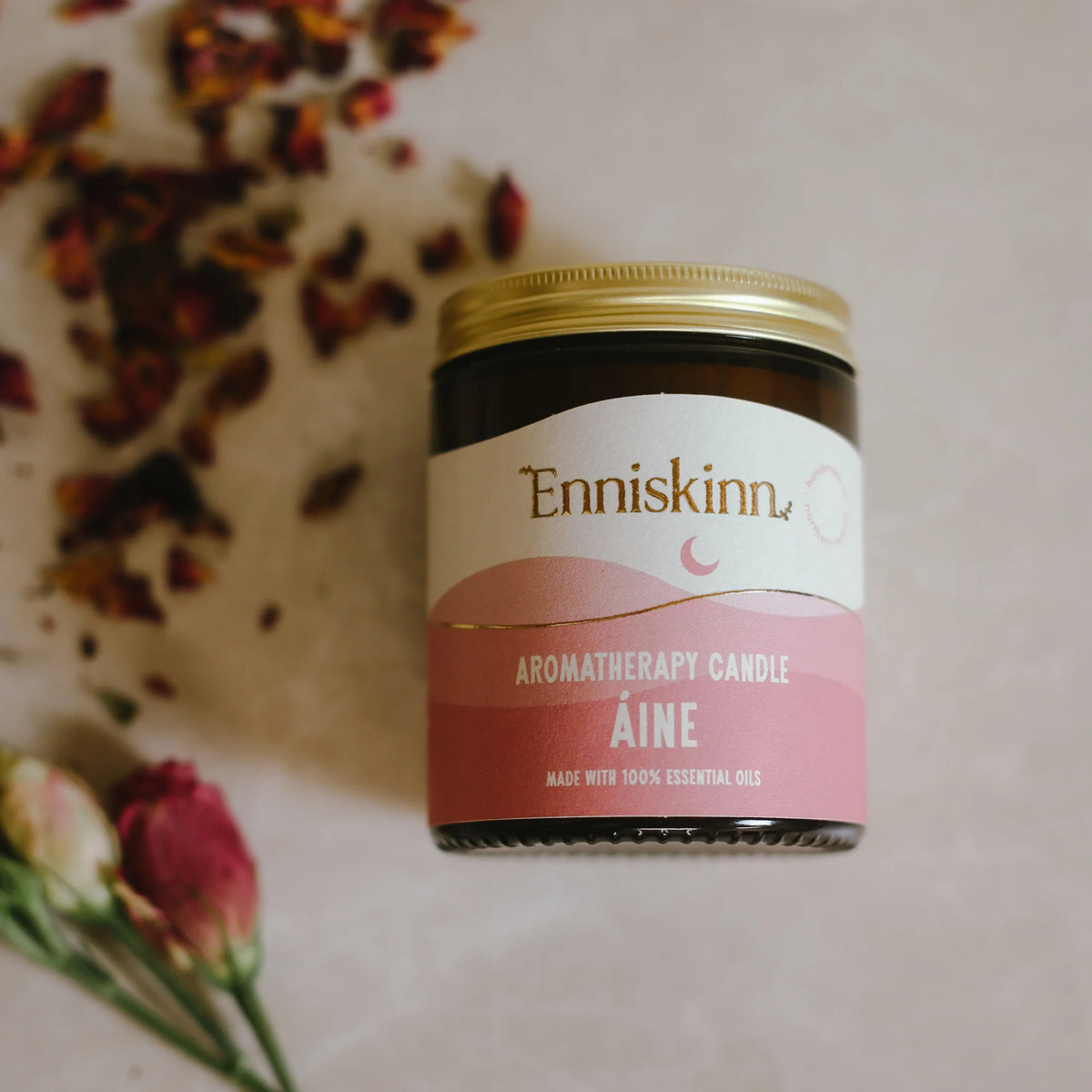 Enniskinn aromatherapy candle labeled 'Aine' handmade in ireland