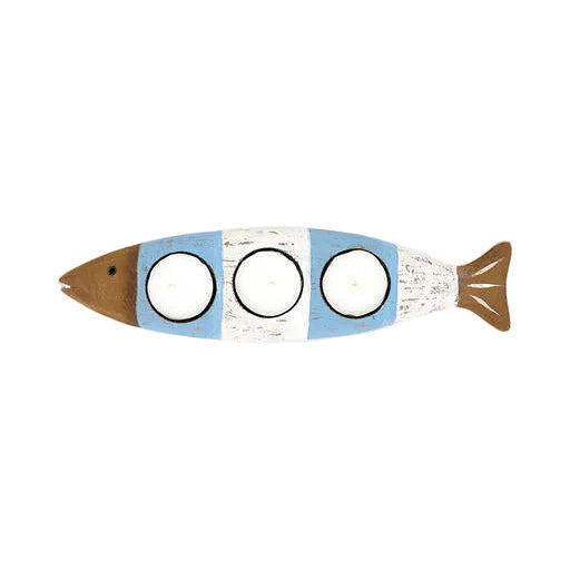 A fish-shaped decorative wall plaque or candle holder with three circular cutouts, featuring a brown head and tail, light blue and white painted sections, and distressed detailing, shown against a plain light gray background.