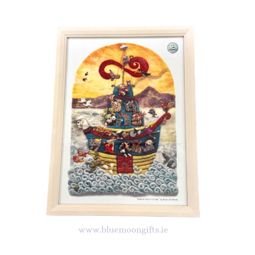 A framed Celtic art piece depicting Noah's Ark, featuring a detailed 3D-style ark with animals and a red serpent on a yellow sky background, housed in a light wood frame.