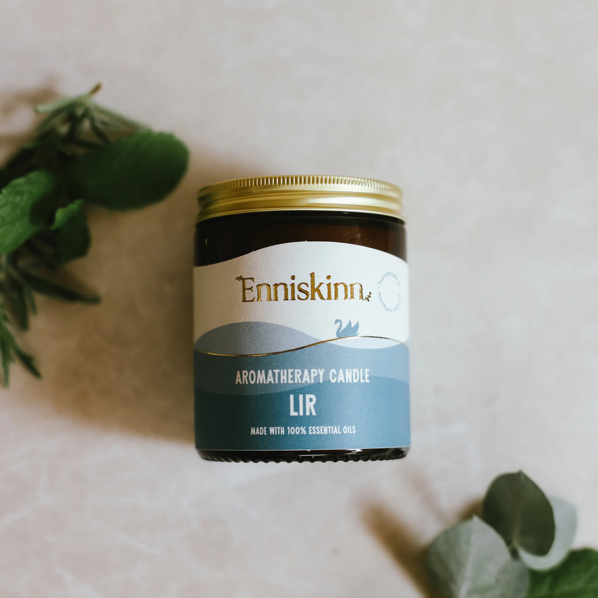 Enniskinn aromatherapy candle labeled 'LIR' handmade in ireland