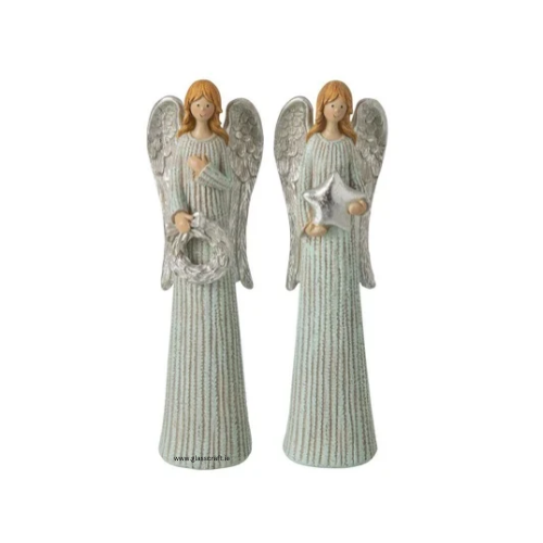 A pair of angel figurines with long flowing ribbed dresses, large wings, and light brown hair. One holds a wreath, and the other holds a silver star.
