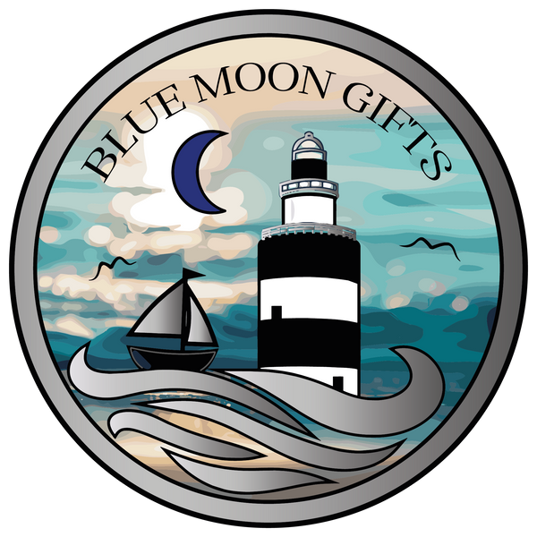 Logo for Blue Moon Gifts featuring a lighthouse, sailboat, and moon.