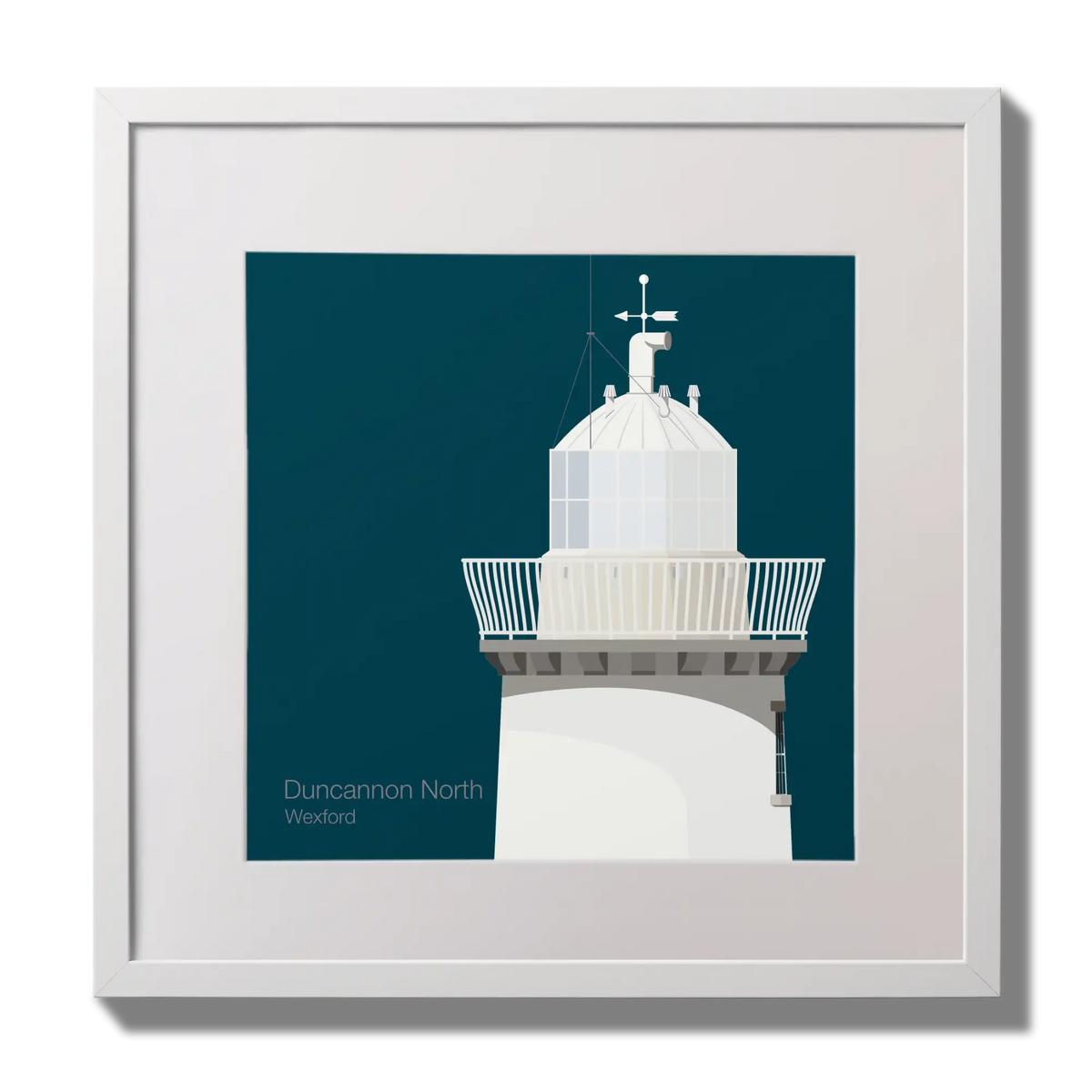 Framed lighthouse art print featuring a white Duncannon North lighthouse structure on a dark teal background, shown in a white frame against a light gray wall.
