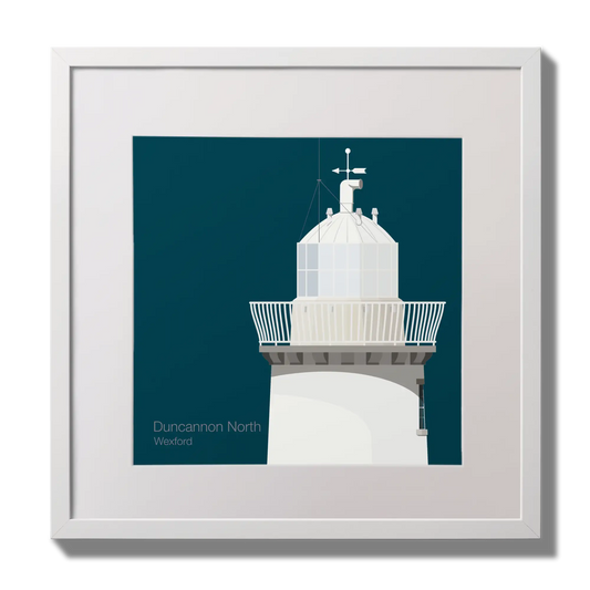 Framed lighthouse art print featuring a white Duncannon North lighthouse structure on a dark teal background, shown in a white frame against a light gray wall.