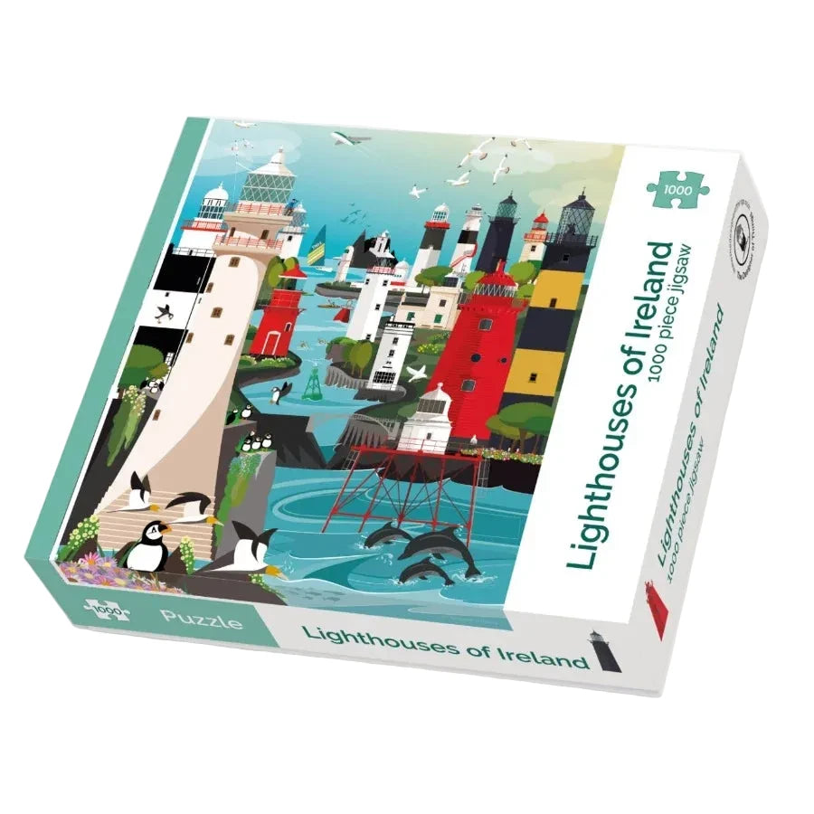 A 1000-piece jigsaw puzzle box titled 'Lighthouses of Ireland' featuring a colorful illustration of coastal lighthouses, penguins, seals, and birds on a white background.