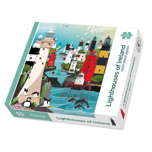 A 1000-piece jigsaw puzzle box titled 'Lighthouses of Ireland' featuring a colorful illustration of coastal lighthouses, penguins, seals, and birds on a white background.