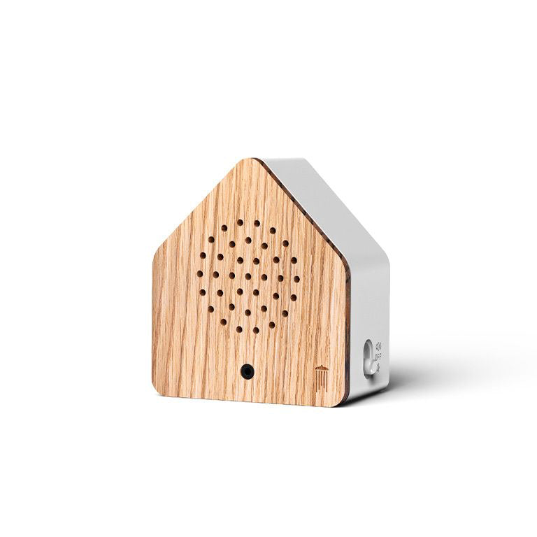 Small house-shaped device with wooden front panel on a white background