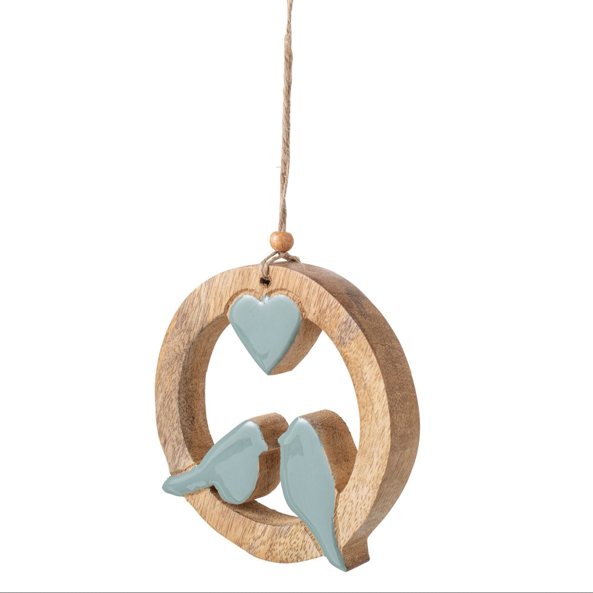 A wooden hanging ornament featuring a circular ring with two small light blue bird figures and a matching light blue heart, suspended by a natural twine string on a plain white background.