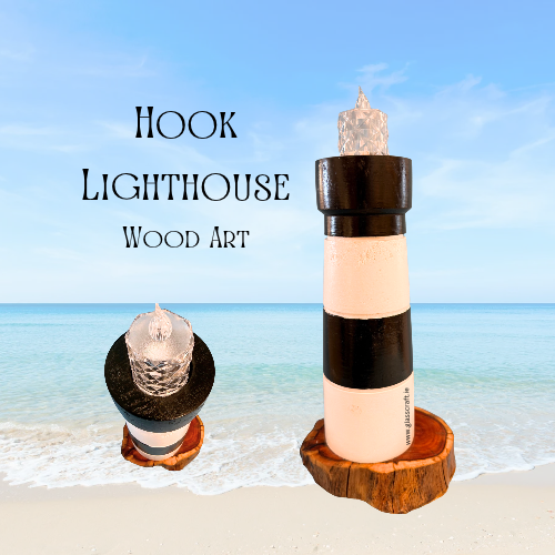 A decorative wooden lighthouse hook ornament shown in two views against a beach backdrop. The main view shows the lighthouse hanging from a hook on a wood slice base, with smaller inset views showing the back and another angle.