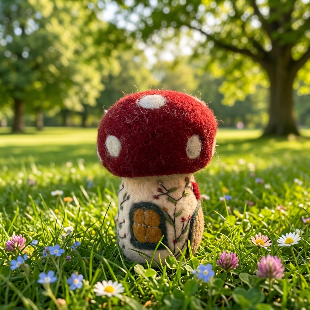 A small felt mushroom figurine with a red cap, white spots, and a white body decorated with embroidered floral and house details, standing on light blue tissue paper.