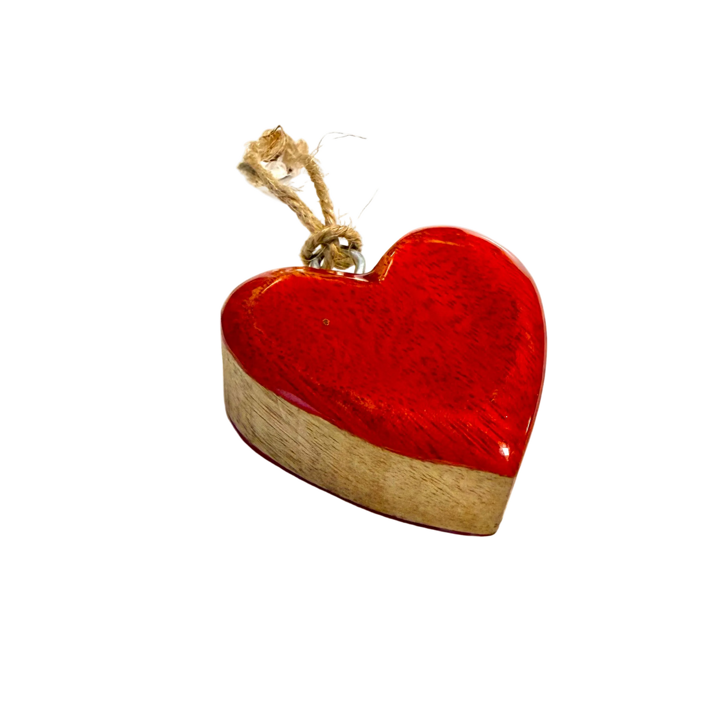 A heart-shaped wooden ornament with a glossy red top half and a natural light wood bottom half, featuring a small loop of twine at the top, shown on a white background with a soft shadow.