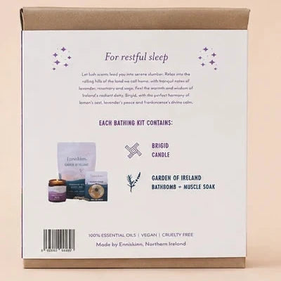 The back of a brown cardboard product box for a restful sleep bath kit, featuring product contents and text on a light beige background.