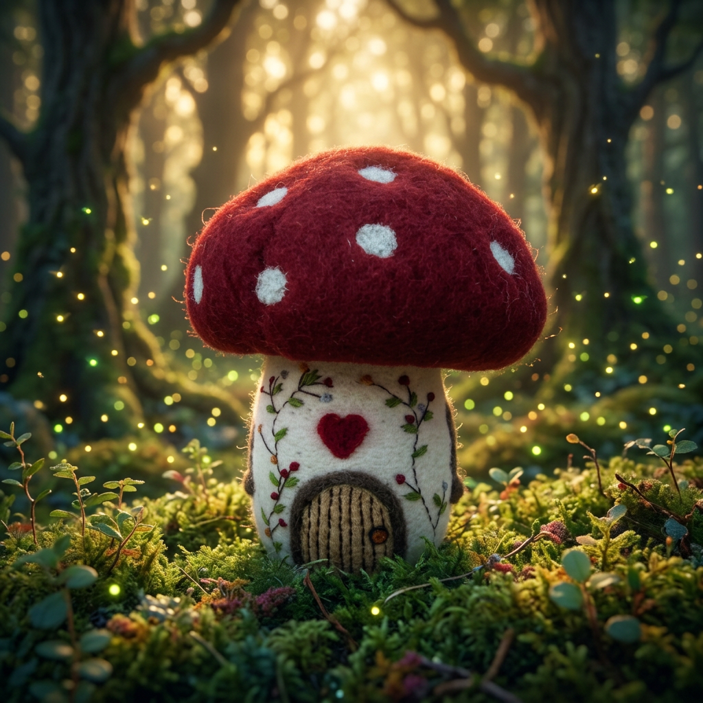 A handcrafted felt mushroom house figurine with a red felt cap featuring white spots, a white felt body decorated with a red heart, green vine embroidery, and a small beige fabric door.