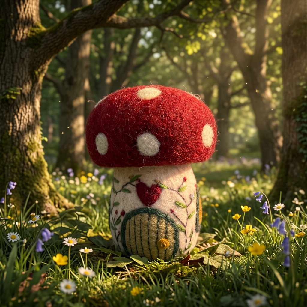 A small felt mushroom decoration with a red cap, cream spots, and a cream stem decorated with embroidered floral and leaf patterns, isolated on a white background.