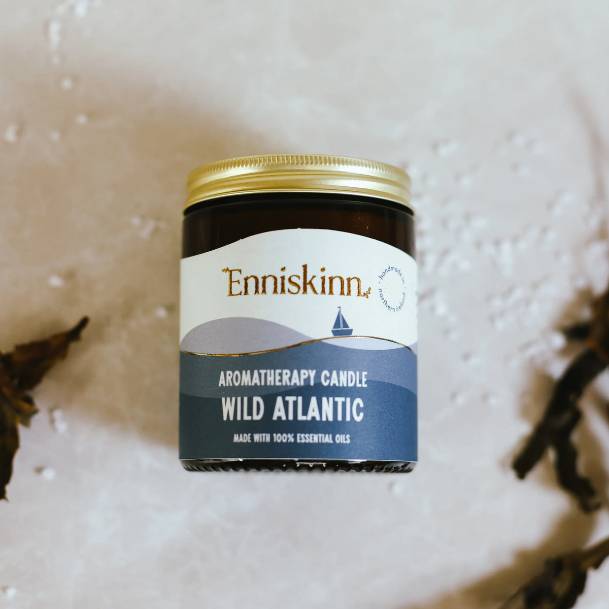 Enniskinn aromatherapy candle labeled 'Wild Atlantic' made in ireland