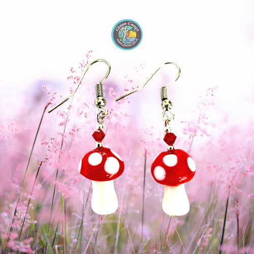 red toadstool mini glass earrings handmade